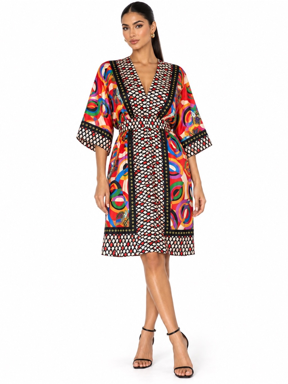 Single 100% Silk Scarf Print Kimono Dress L